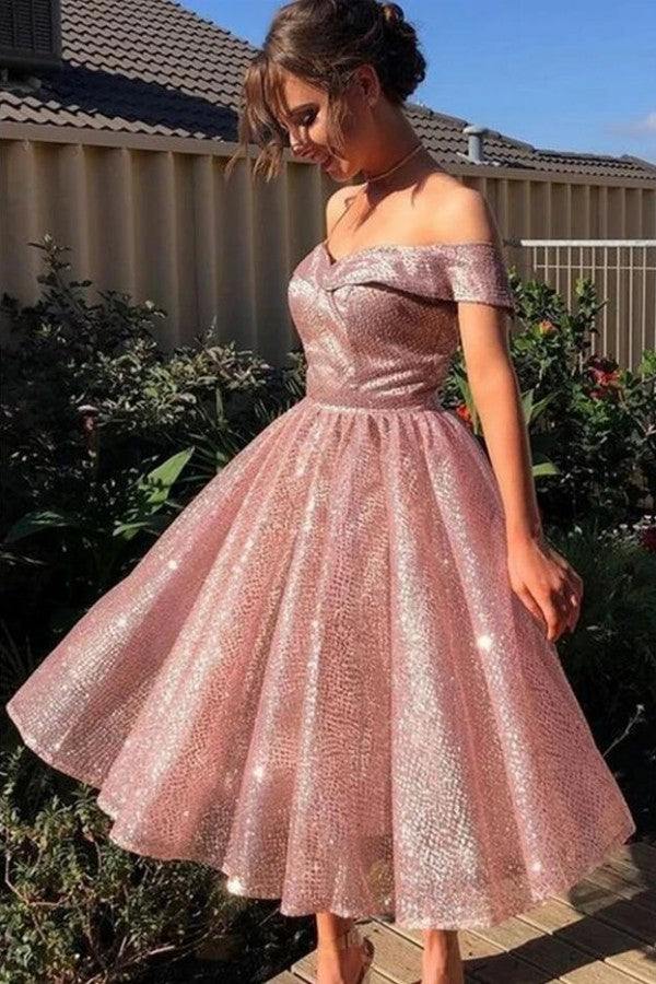 Sparkly A-line Off the Shoulder Backless Sequins Ruffles Knee-length Party Dress