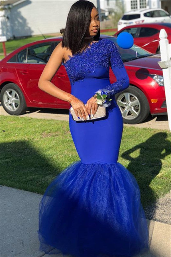 Royal Blue Long One Shoulder Appliques Mermaid Prom Dress with Sleeves