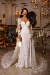 Charming Long Mermaid Sweetheart Tulle Lace Wedding Dress with Sleeves