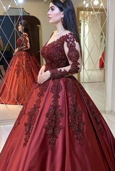 Gorgeous Burgundy Appliques V-neck Long Sleeve Ball Gown Prom Dresses