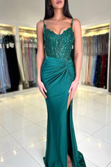 Long Mermaid Sweetheart Satin Lace Prom Dresses with Slit