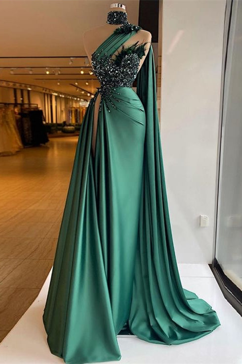Dark Green Long High Neck One Shoulder Mermaid Beaded Prom Dress with Slit