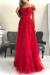 Long Off the Shoulder Lace A-line Ruffles Floor Length Prom Dress