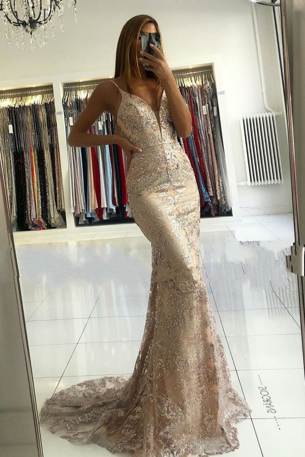 Long Sweetheart Spaghetti Straps Appliques Lace Floor Length Mermaid Prom Dress