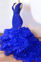 Royal Blue Mermaid Long Ruffles V-neck Tulle Prom Dresses