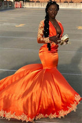 Orange Long Mermaid V-neck Appliques Satin Prom Dress with Sleeves