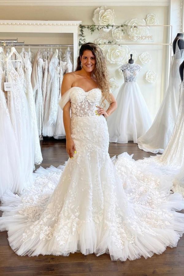 Long Mermaid Off the Shoulder Sweetheart Tulle Lace Wedding Dress
