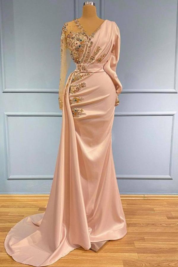 Mermaid V-neck Long Sleeves Satin Floor length Formal Evening Dress