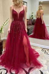 Long Halter Spaghetti Straps Backless A-Line Tulle Prom Dress With Slde Slit