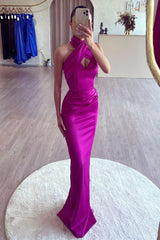 Simple Halter Mermaid Purple Satin Long Prom Dress