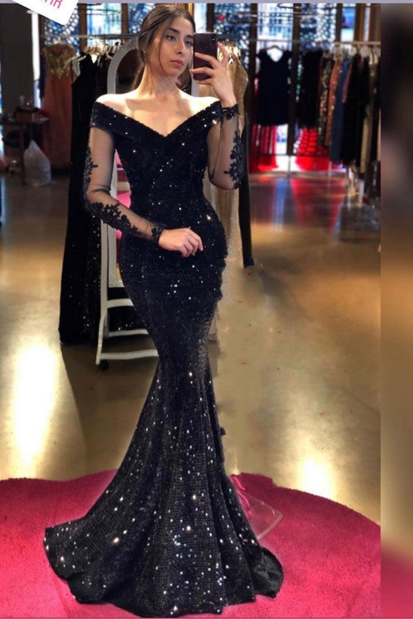 Balck Off the Shoulder Long Sleeve Appliques Lace Sequins Floor Length Mermaid Prom Dress