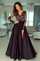Black V-neck Long Sleeve Appliques Lace A-Line Prom Dress With Split
