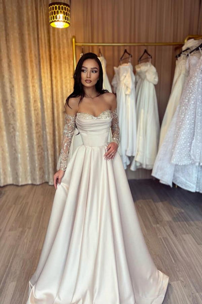 Long A-line Sweetheart Floor length Satin Lace Prom Dresses with Sleeves