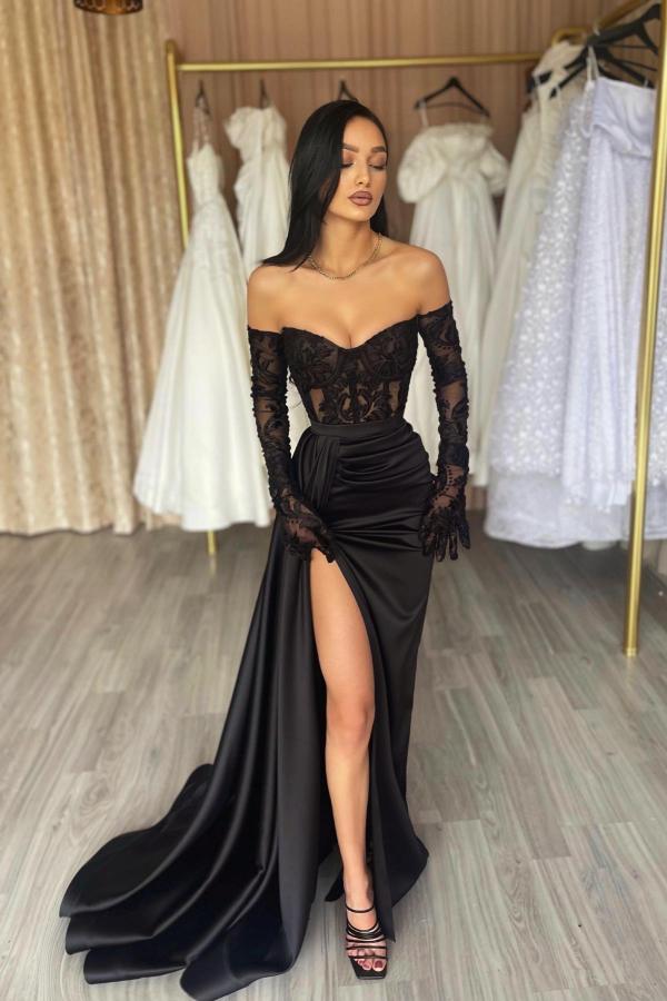 Black Long Sleeves Mermaid Off the shoulder Prom Dress with High Split