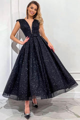Sequin V Neck Open Back Long A Line Tulle Party Dress