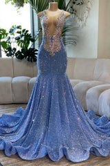 Glitter Long Mermaid V-neck Sleeveless Sequined Prom Dresses