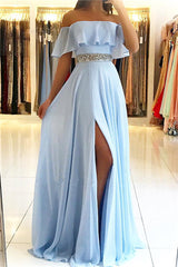 Long Chiffon Off the Shoulder A-Line Floor Length Prom Dress With Side Slit