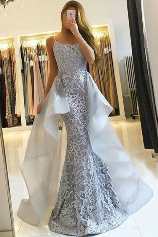 Long Spaghetti Straps Lace Floor Length Ruffles Mermaid Prom Dress With Train