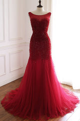 Burgundy Long Tulle Open Back Beaded Mermaid Prom Dress