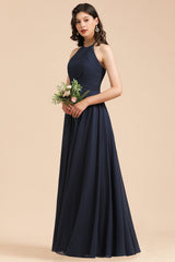Long A-line Halter Chiffon Bridesmaid Dress Dark Navy Evening Maxi Dress