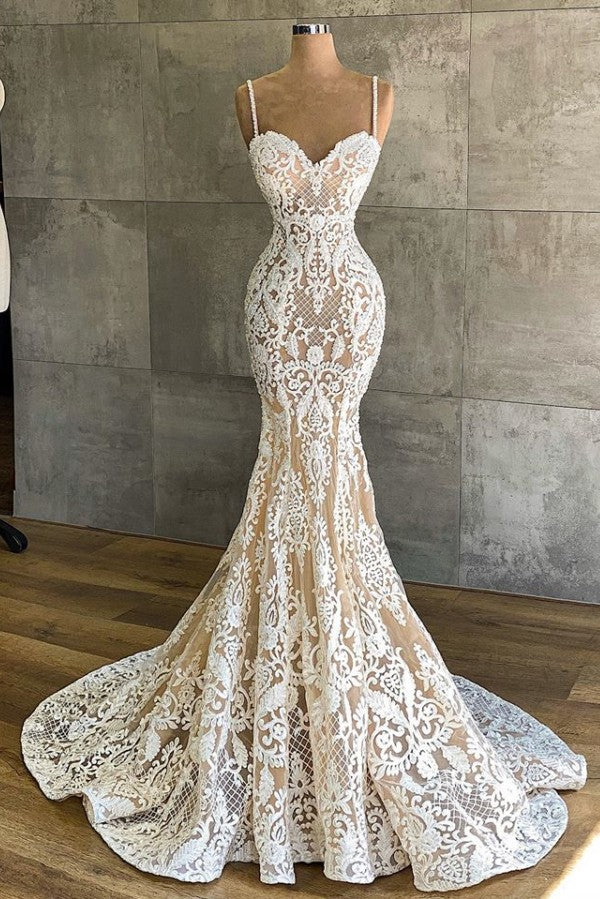 Sexy Long Sweetheart Spaghetti Straps Appliques Lace Floor Length Mermaid Wedding Dress