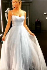Long Spaghetti Straps Tulle A-line Backless Prom Dress