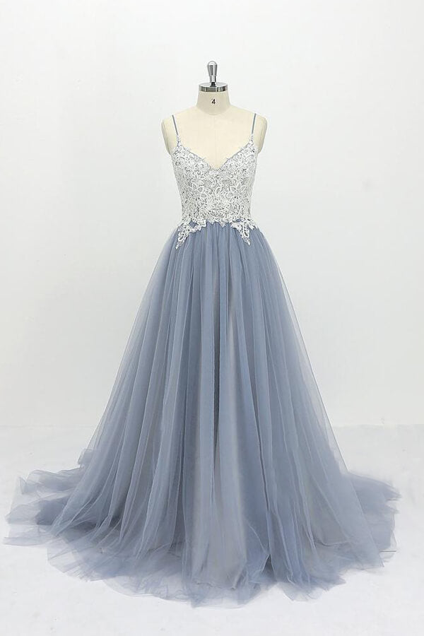 Chic Long A-line Spaghetti Strap Appliques Tulle Open Back Wedding Dress