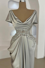 Mermaid Cowl Neck Satin Long Prom Dresses with Short Sleeves
