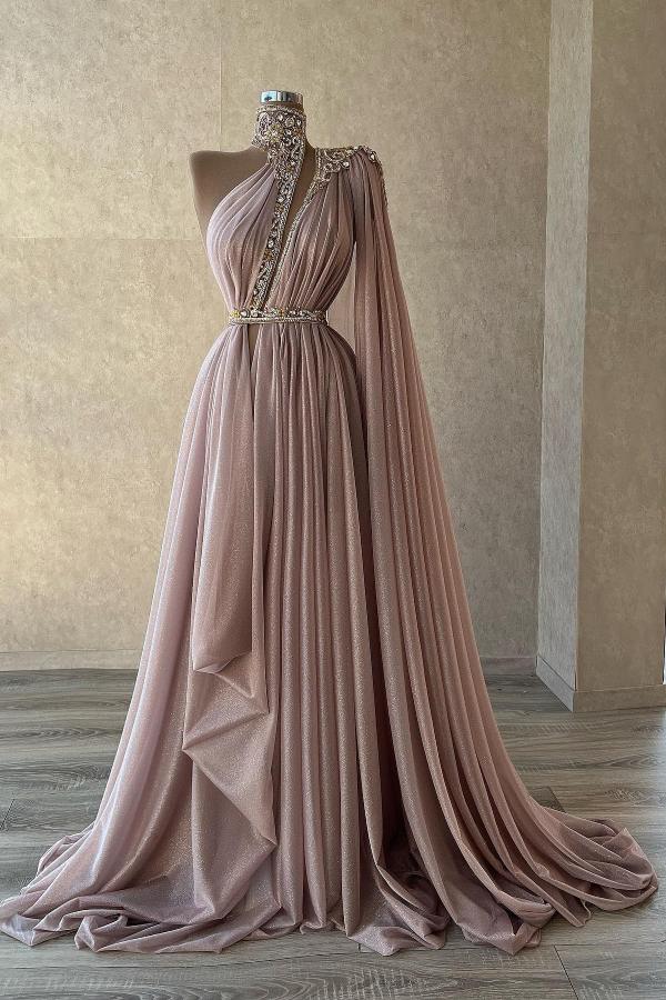 Long A-line Halter One Shoulder Chiffon Formal Dresses