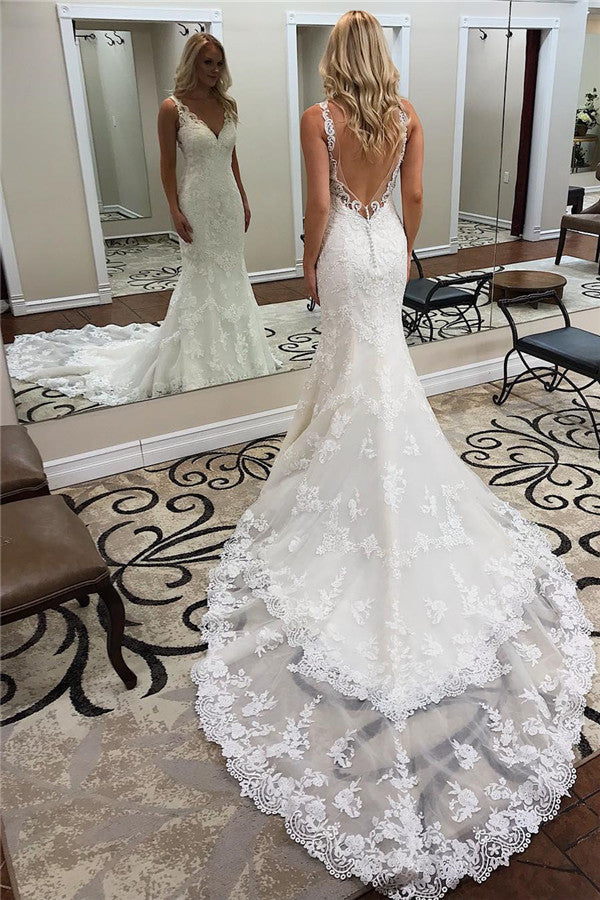 Long Straps V Neck Backless Applique Lace Mermaid Wedding Dresses