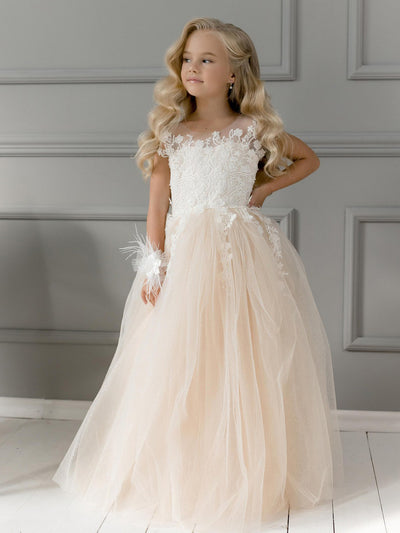 Simple Long A-line Tulle Flower Girl Dresses with Appliques Lace