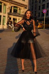Unique Short A-line High neck Glitter Tulle Party Dress with Sleeves