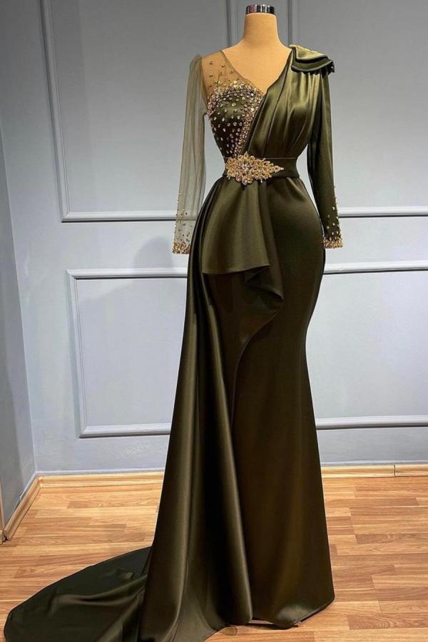 V-neck Long Sleeves Beading Ruffles Floor Length Mermaid Formal Dress