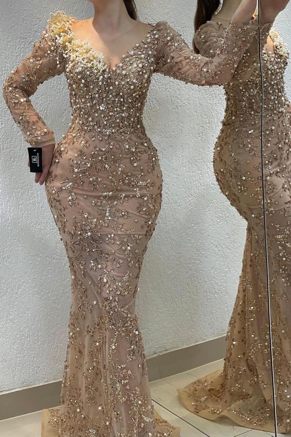 Long Sleeve Mermaid Floor Length Appliques Lace Formal Evening Dress with Beads