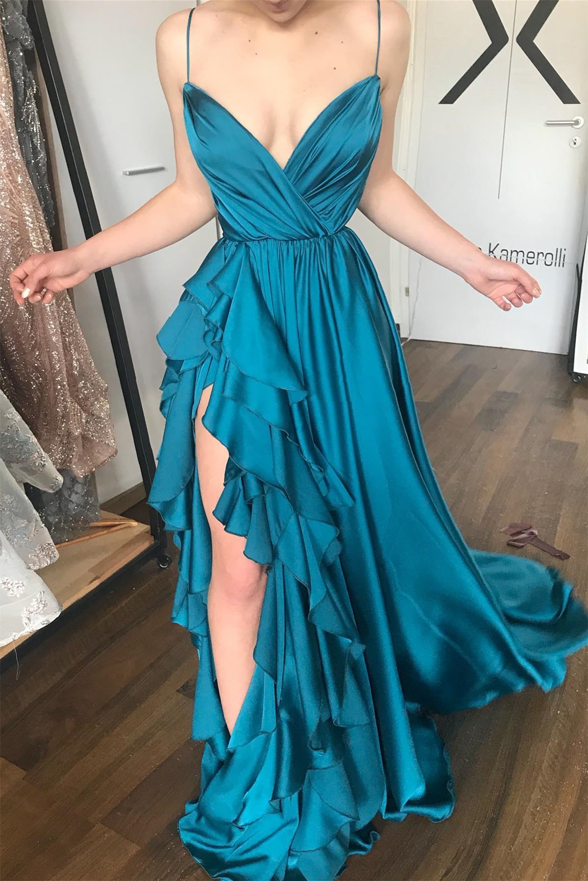 Long A-line Spaghetti Straps V-Neck Tiered Satin Prom Dress with Slit