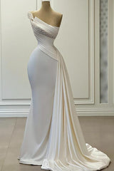 One Shoulder Beaded Mermaid White Satin Long Prom Dress