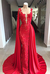 Long Bateau Lace Floor Length Mermaid Prom Dress With Side Train