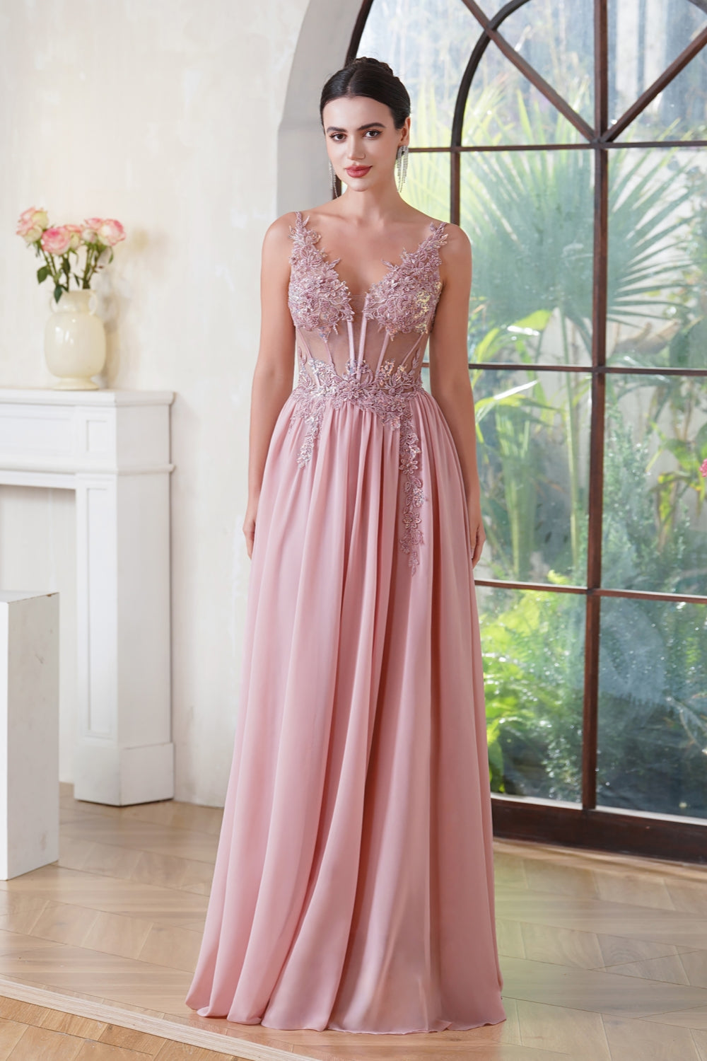 Long A-line V-neck Sleeveless Chiffon Lace Prom Dress with Appliques