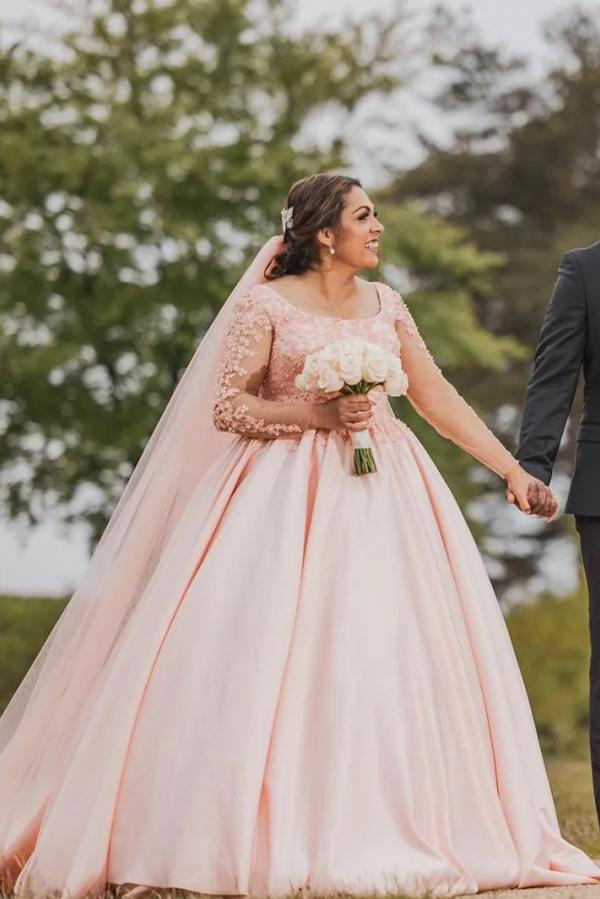 Plus Size Long A-line Scoop Satin Lace Wedding Dress with Sleeves
