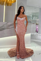 Sequins Strapless Mermaid Long Prom Dress with Beads