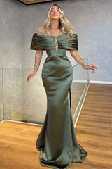 Long Mermaid Off the Shoulder Satin Evening Formal Dresses with Lace Sleeves