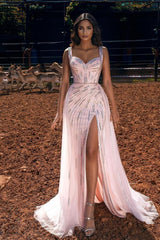 Long Sweetheart Spaghetti Straps Tulle Beads Mermaid Prom Dress with Slit