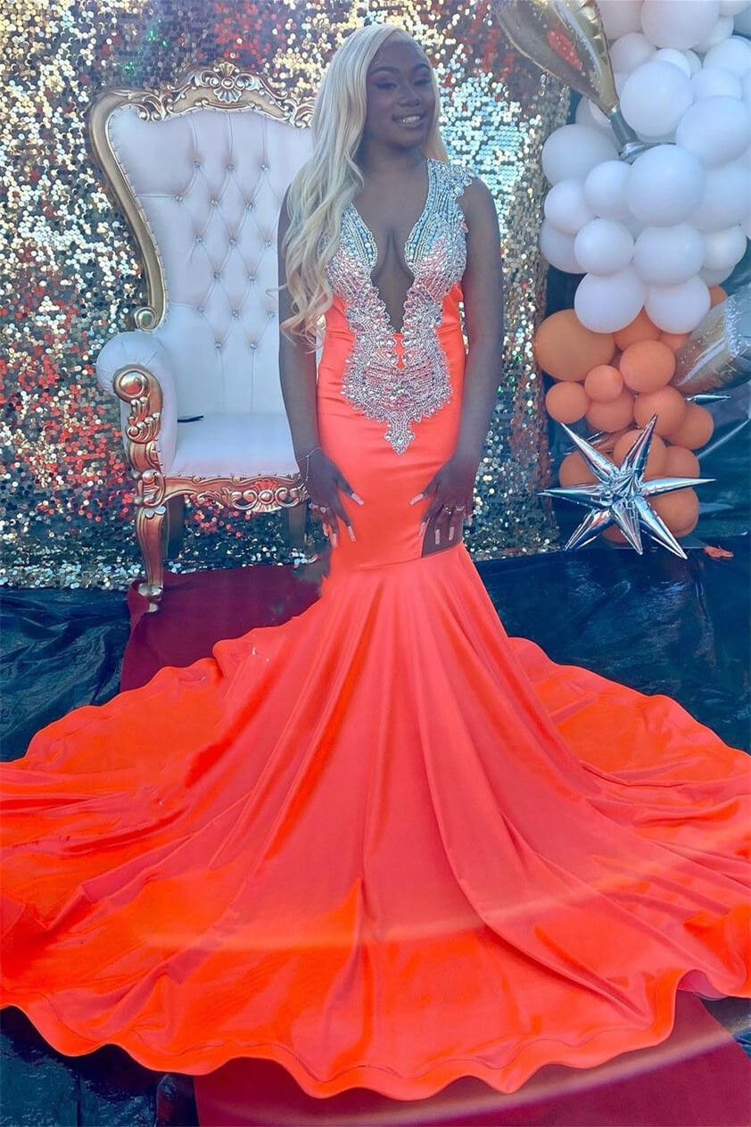 Elegant Long Mermaid V-neck Satin Silver Beaded Prom Dresses