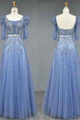 Beautiful Long A-line Tulle Glitter Formal Evening Gowns with Sleeves