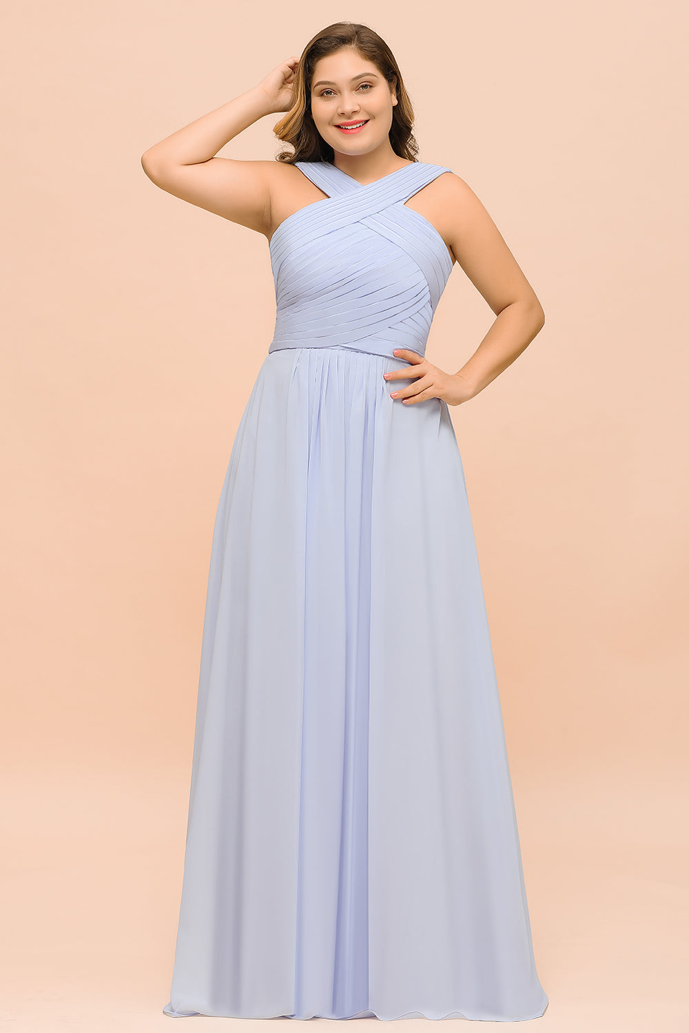 Plus Size Long A-line Halter Lavender Chiffon Bridesmaid Dress with Ruffle