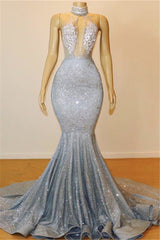 Long Halter Sequined Mermaid Open Back Prom Dress