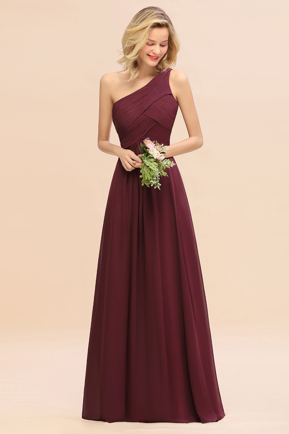Elegant A-line Chiffon Ruffles One Shoulder Long Bridesmaid Dress