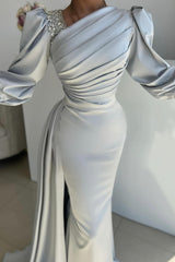 Long Sleeves Mermaid Floor Length Satin Prom Dress with Slit
