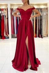Long A-line Off the Shoulder Satin Prom Dress with Slit