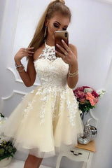 Cute Short A-line Halter Tulle Lace Homecoming Dresses